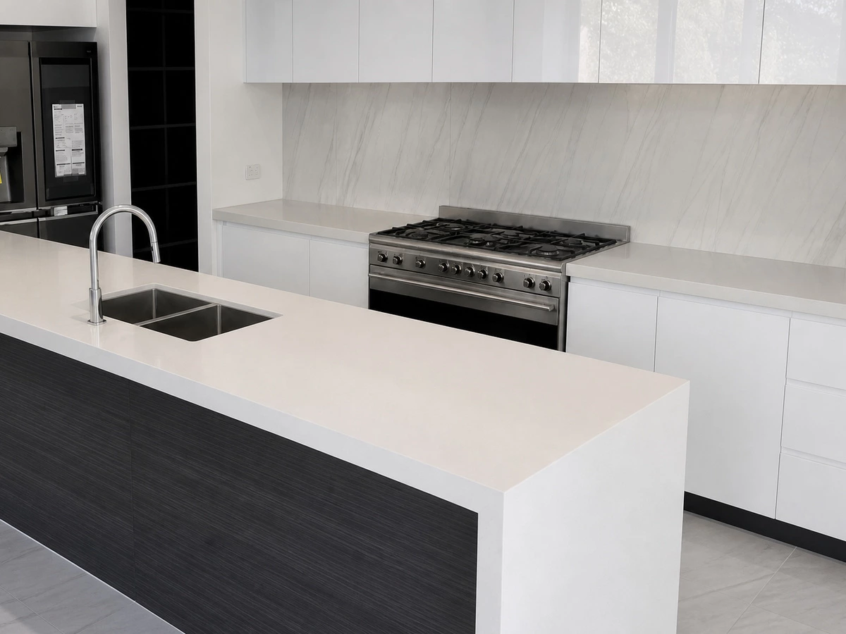 Detail of white kitchen units with a textured backsplash and island surface