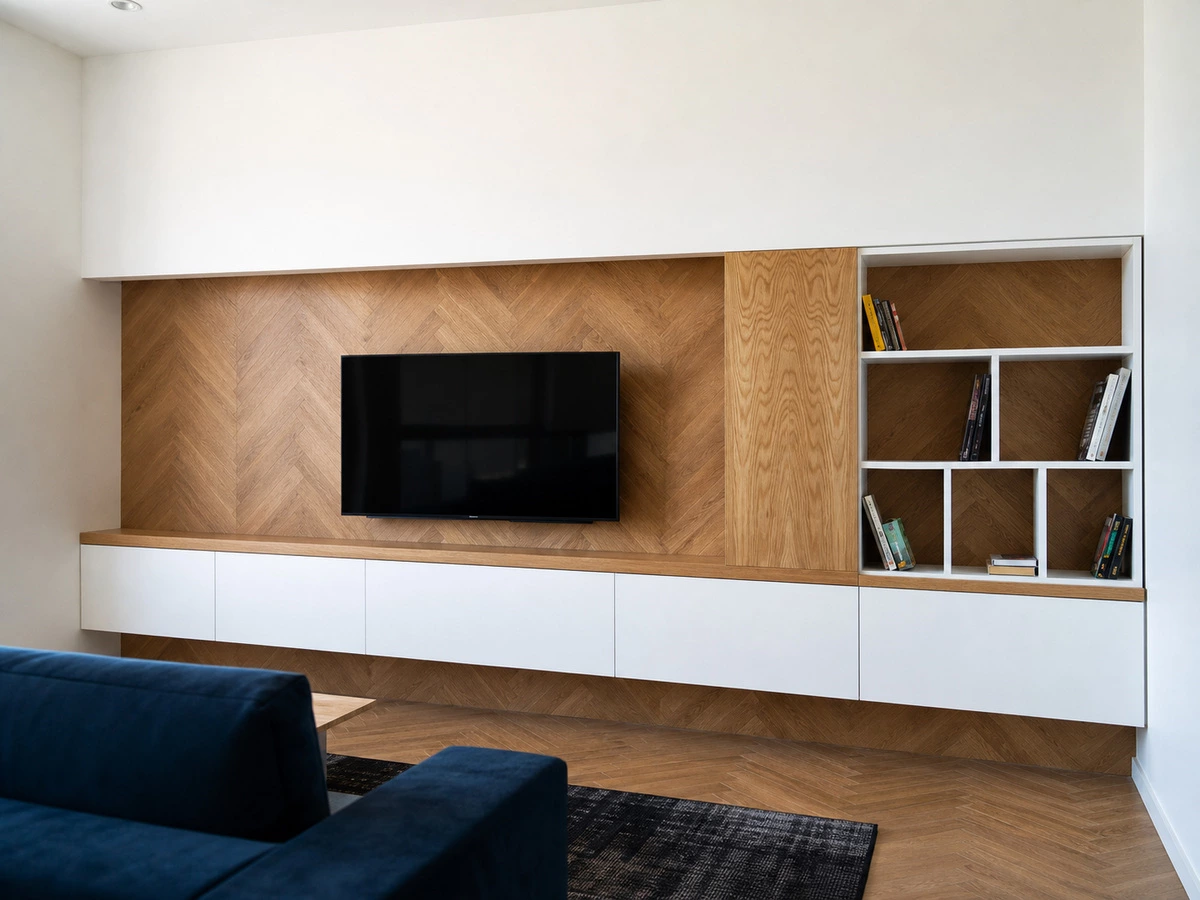 White display cabinets paired with a wood backdrop