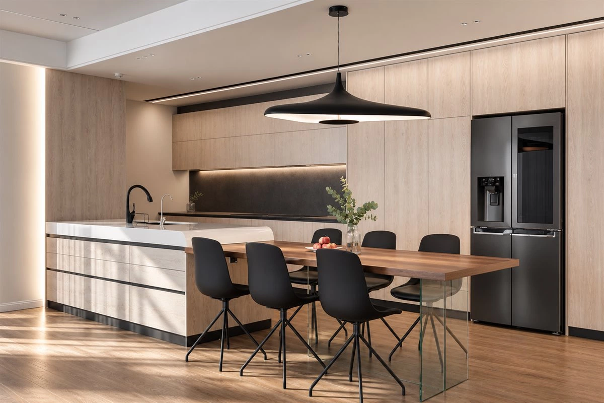 Wood and Black Open Kitchen Diner Modern open kitchen diner with wood and black cabinet contrast