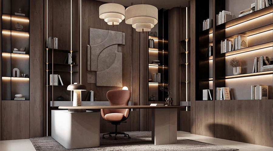Wood study design with recessed open shelf and layered lighting