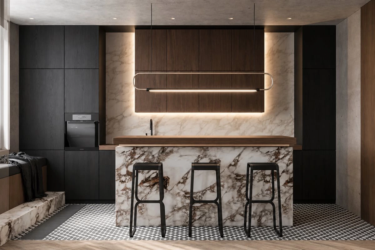 Wood veneer and sintered stone modern kitchen Modern kitchen with wood veneer cabinets, sintered stone island and bay window