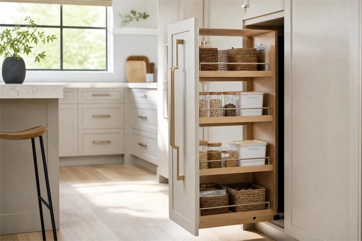 Accessible kitchen pantry storage with wide pull-out handles and easy-reach shelves