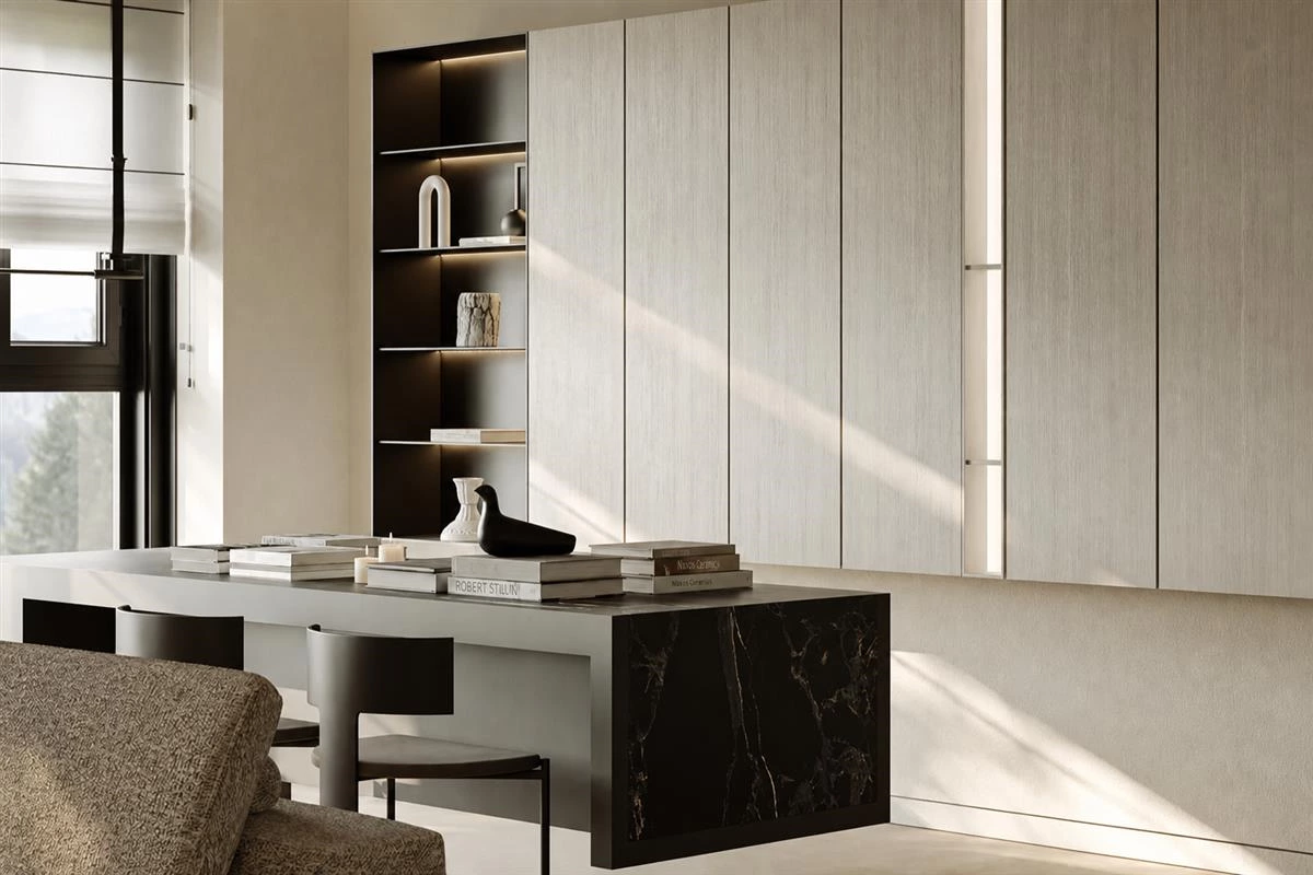 Balcony home office with integrated storage cabinets