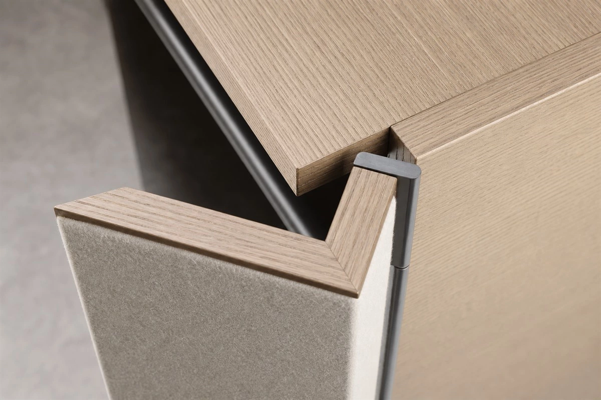 Bevel-cut cabinet panel creating dimensionality and depth