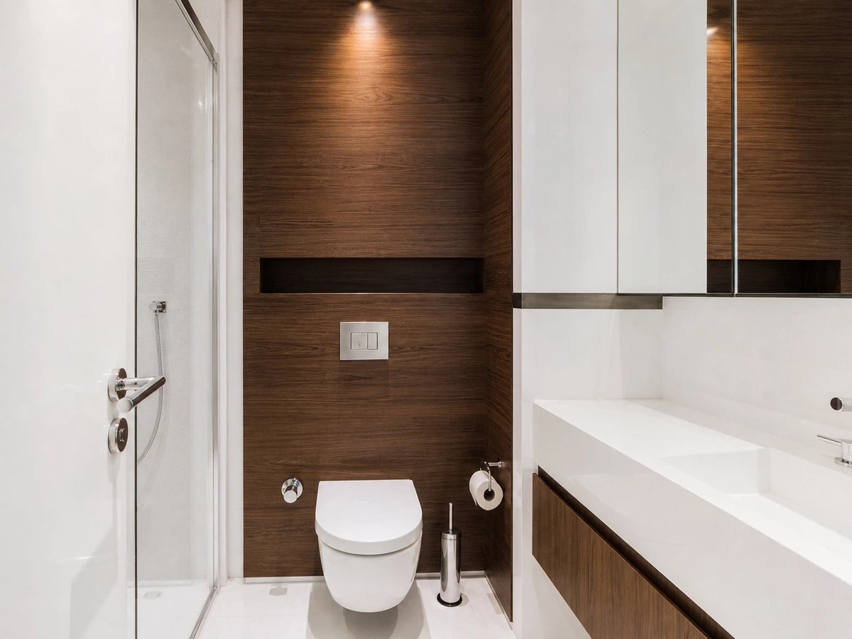 Dark wood bathroom cabinet softening an all-white bathroom