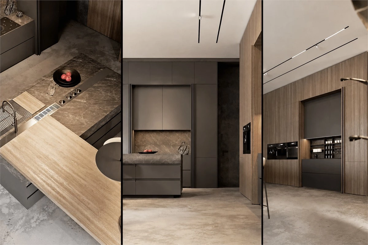 Open black and wood kitchen cabinets with pocket doors full-height storage and a multifunctional island