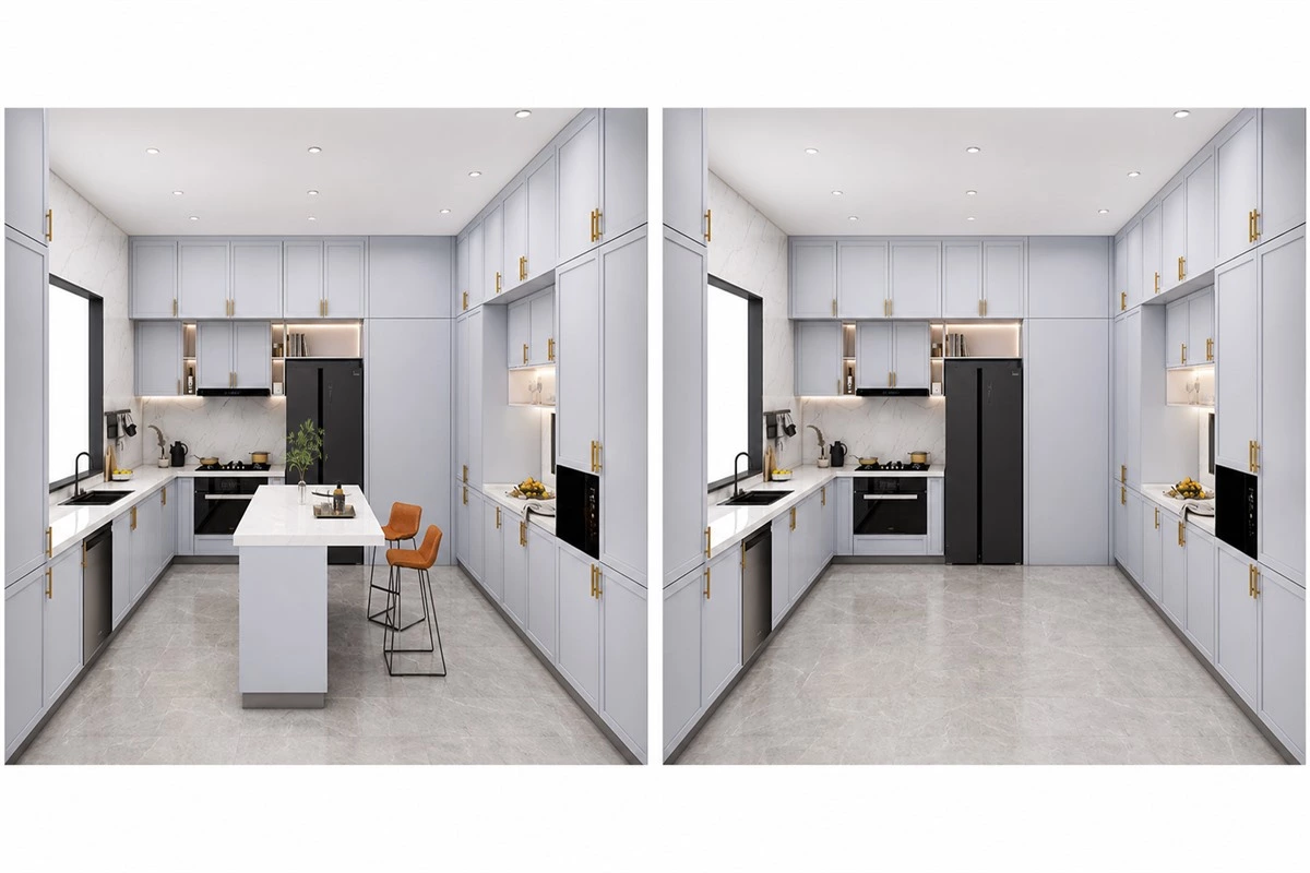Blue-grey minimalist modern kitchen cabinets with gold handles