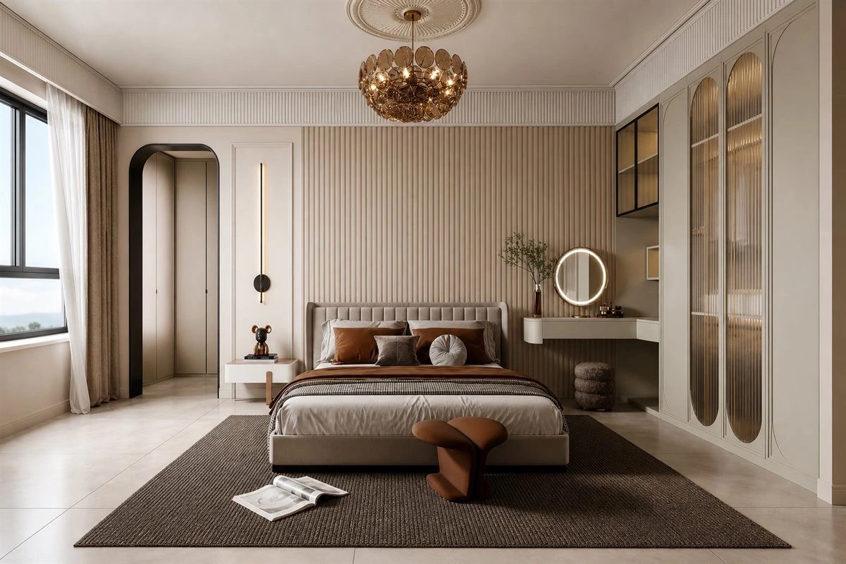 Built-in bedroom wardrobe with integrated dresser and vanity table