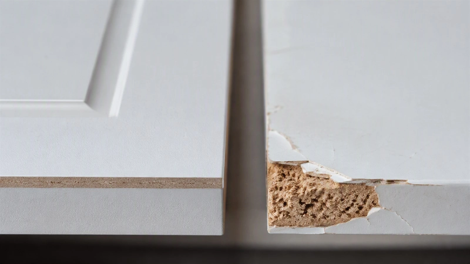 Close-up comparison of clean cabinet edge banding, protected cut-out, and damaged peeling cabinet edge