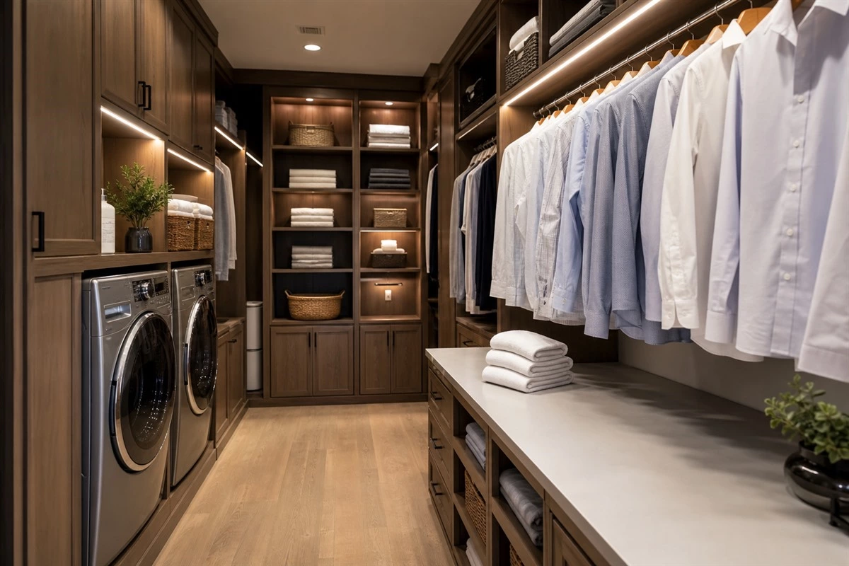Efficient laundry to wardrobe flow in a walk-in closet