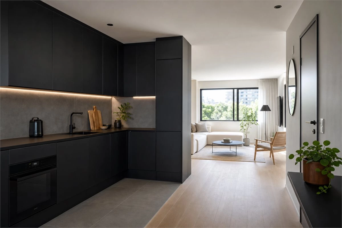 Black kitchen design helping define a compact open-plan living space