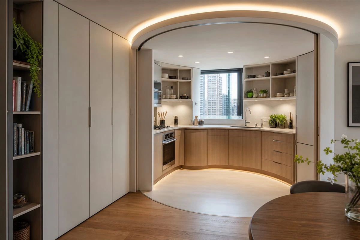 Compact circular kitchen design with efficient workflow
