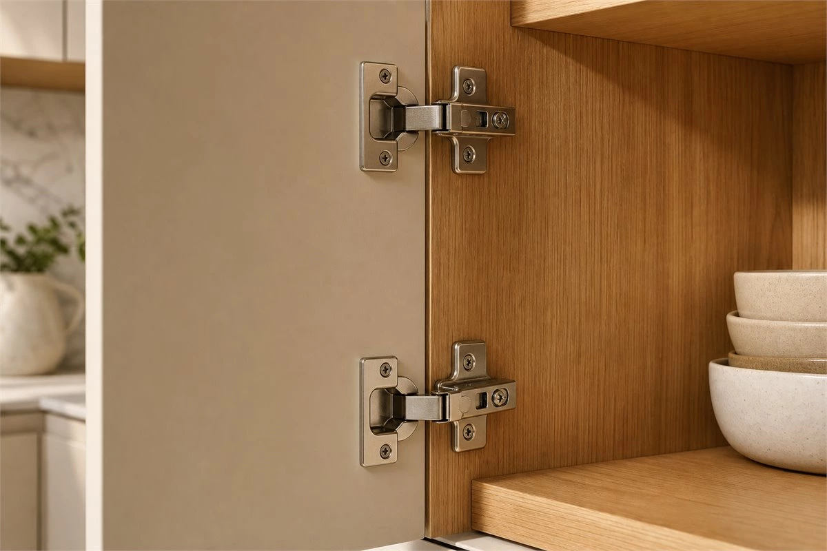 Concealed soft-close kitchen cabinet hinges on modern overlay cabinet doors