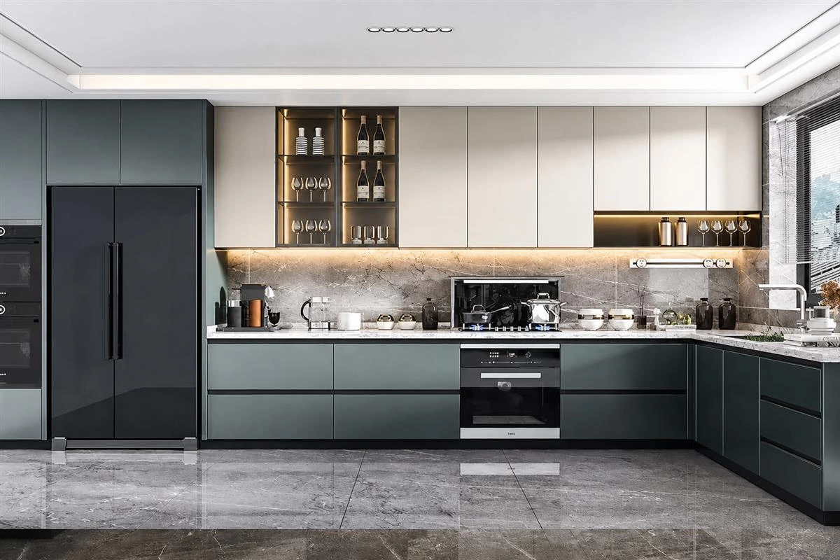 Cool blue kitchen cabinet finish in a contemporary kitchen