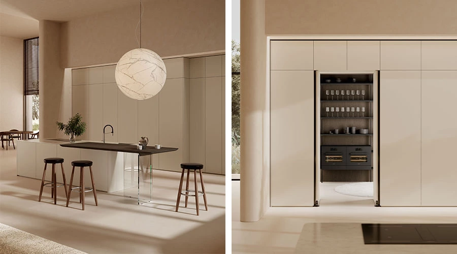 Concealed pantry and wine storage in a cream open kitchen