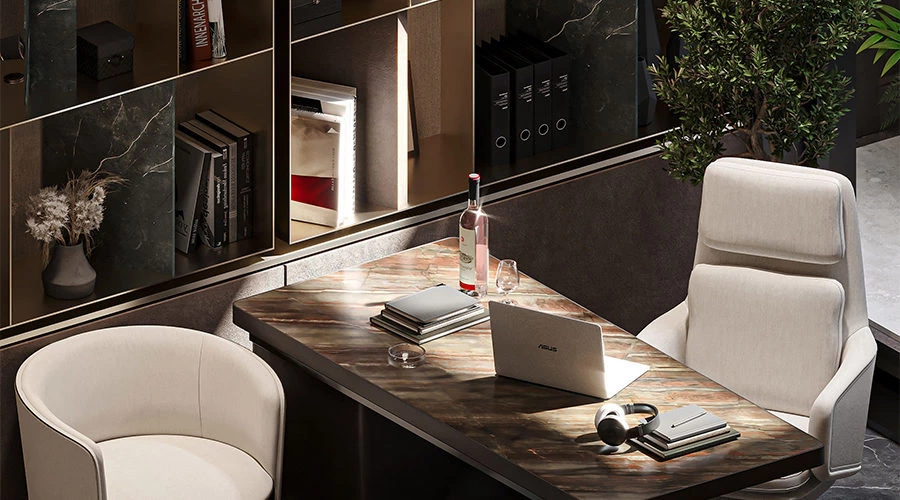 Custom display cabinet material detail with stone-effect panels and woven-texture backboard