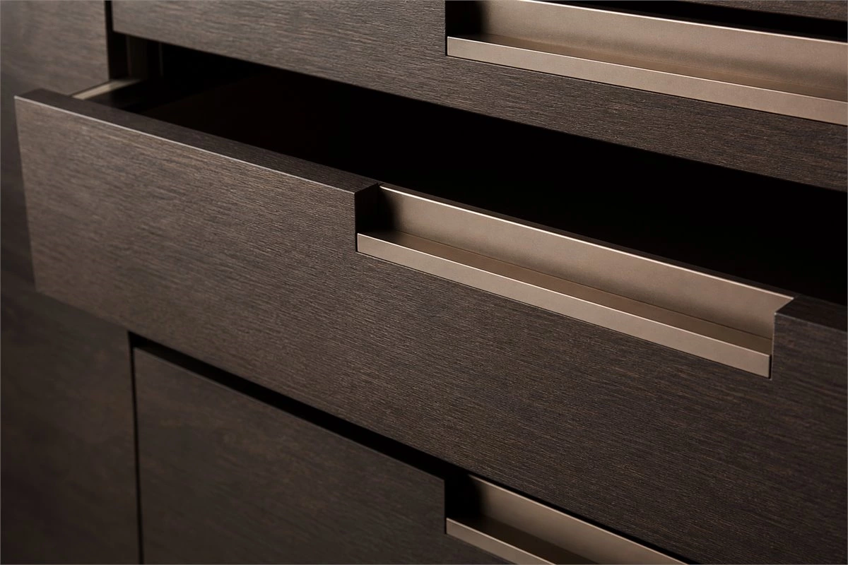Custom cutout pull handleless cabinet design with recessed opening details