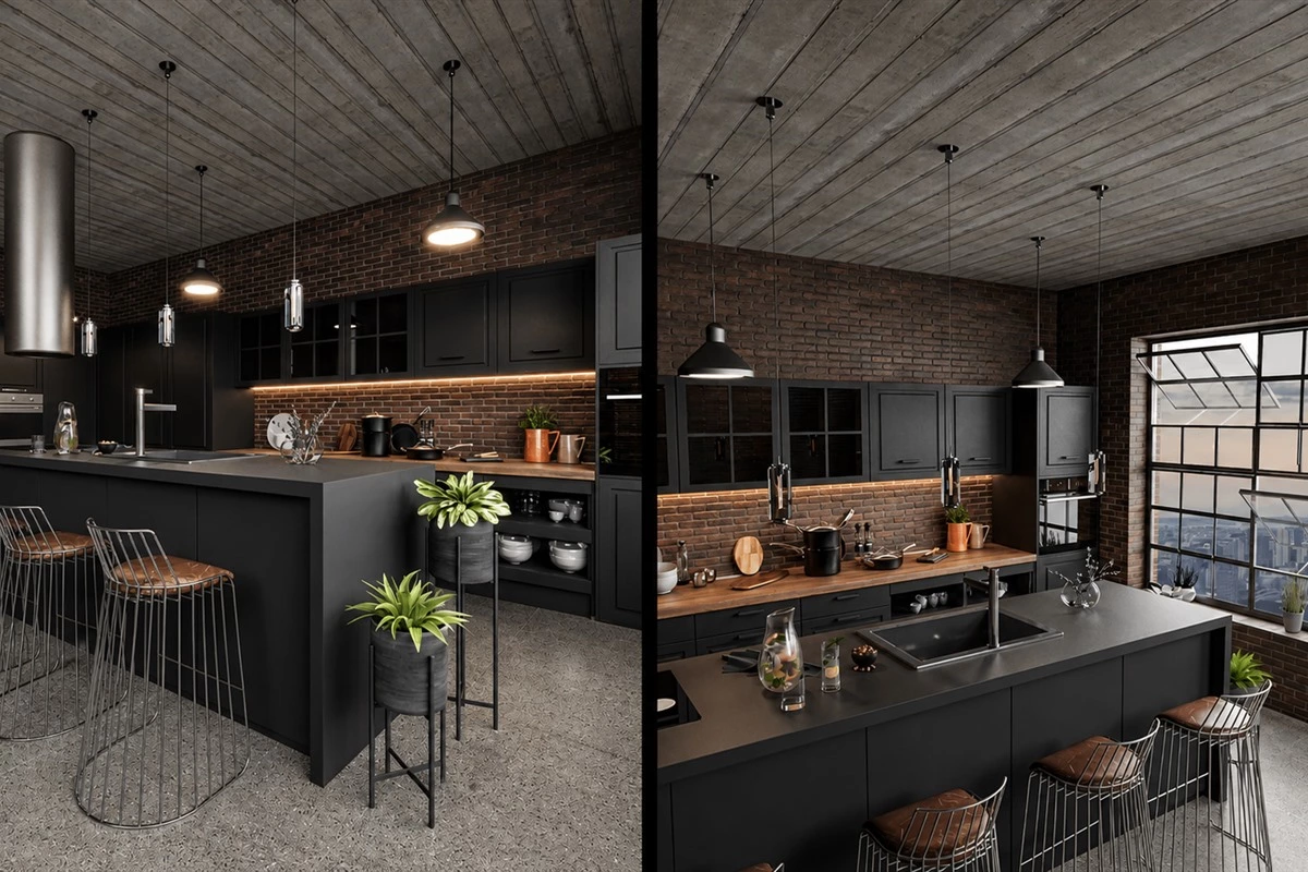 Dark Shaker kitchen cabinets in an industrial kitchen with brick and metal details