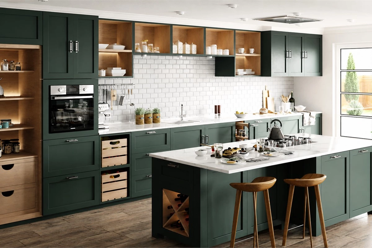 Deep green Shaker kitchen cabinets with white oak details and white countertop