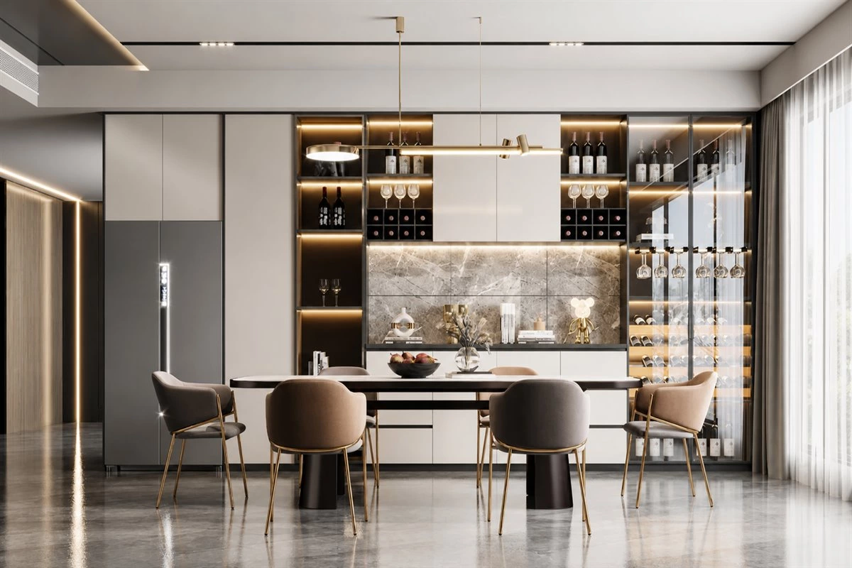 Dining room wall cabinet with open shelves and countertop storage