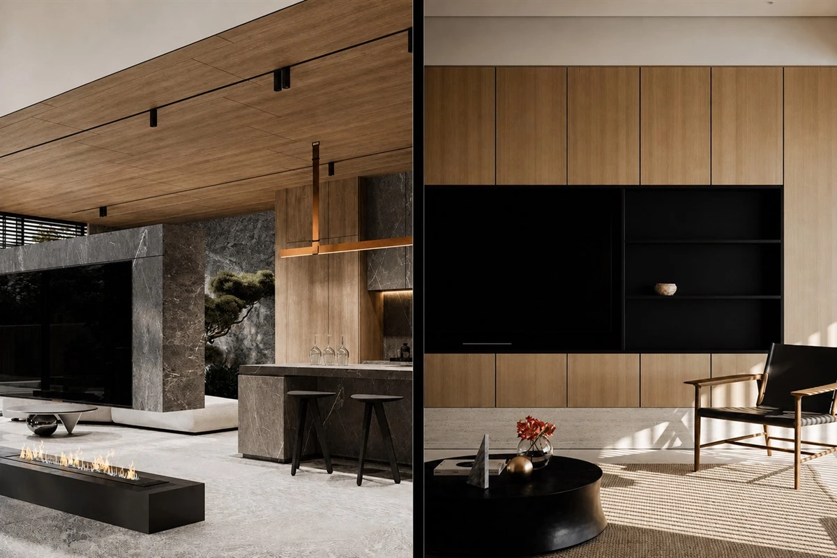 Earth tone interior with grey black and coffee brown contrast
