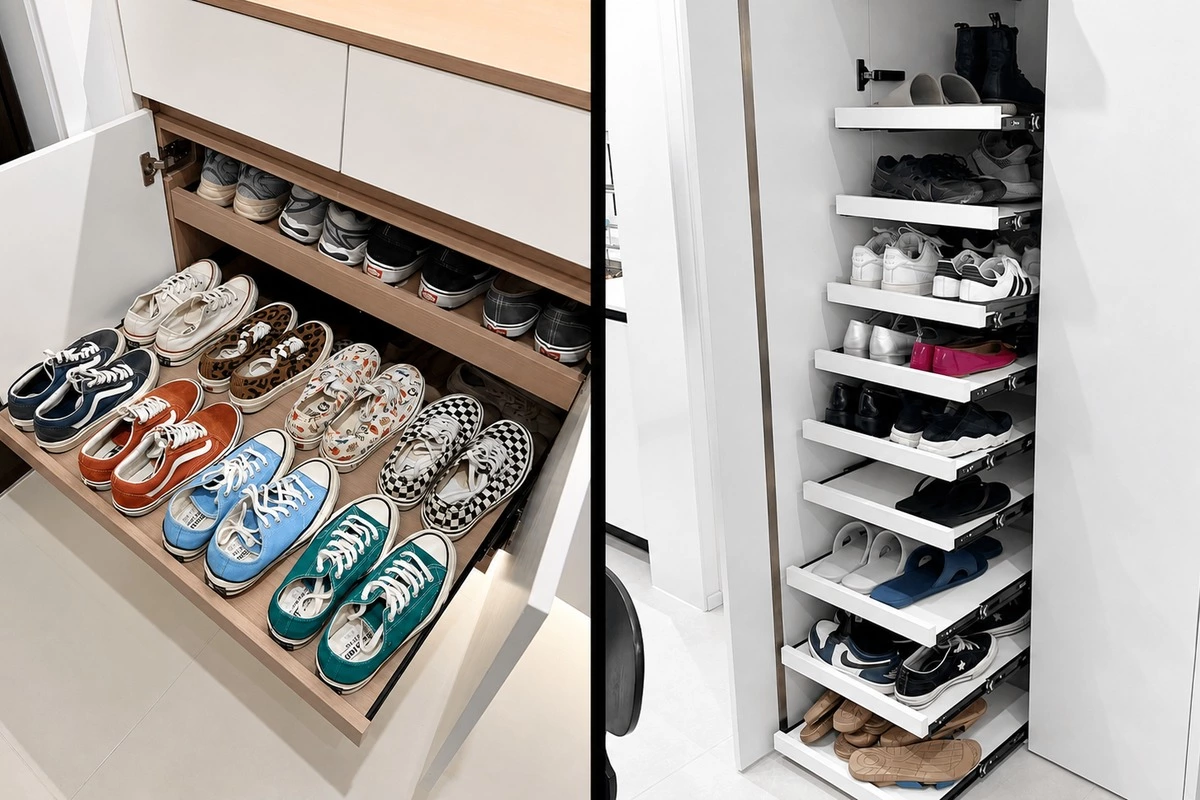Entryway shoe cabinet pull-out drawer for organized footwear storage