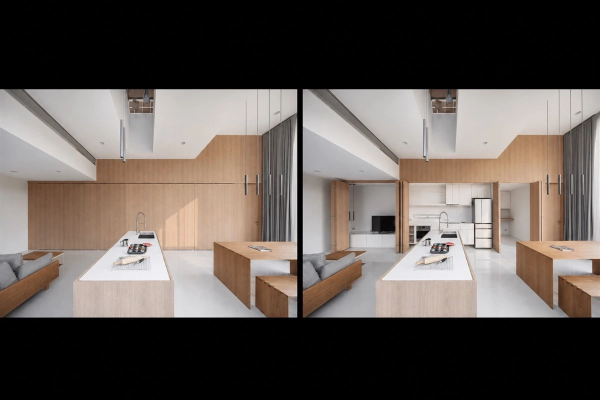 Flexible hidden kitchen with sliding doors and concealed cabinets