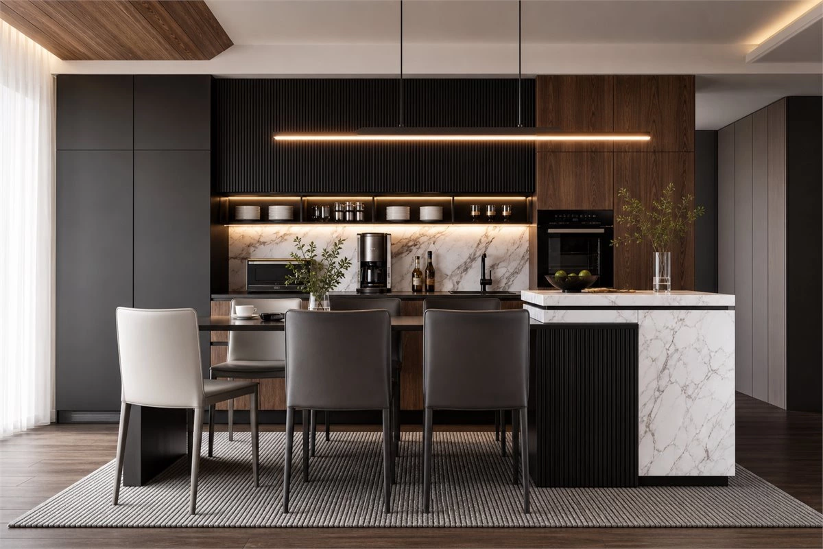 Fluted kitchen cabinet doors with curved edges and textured wood finish
