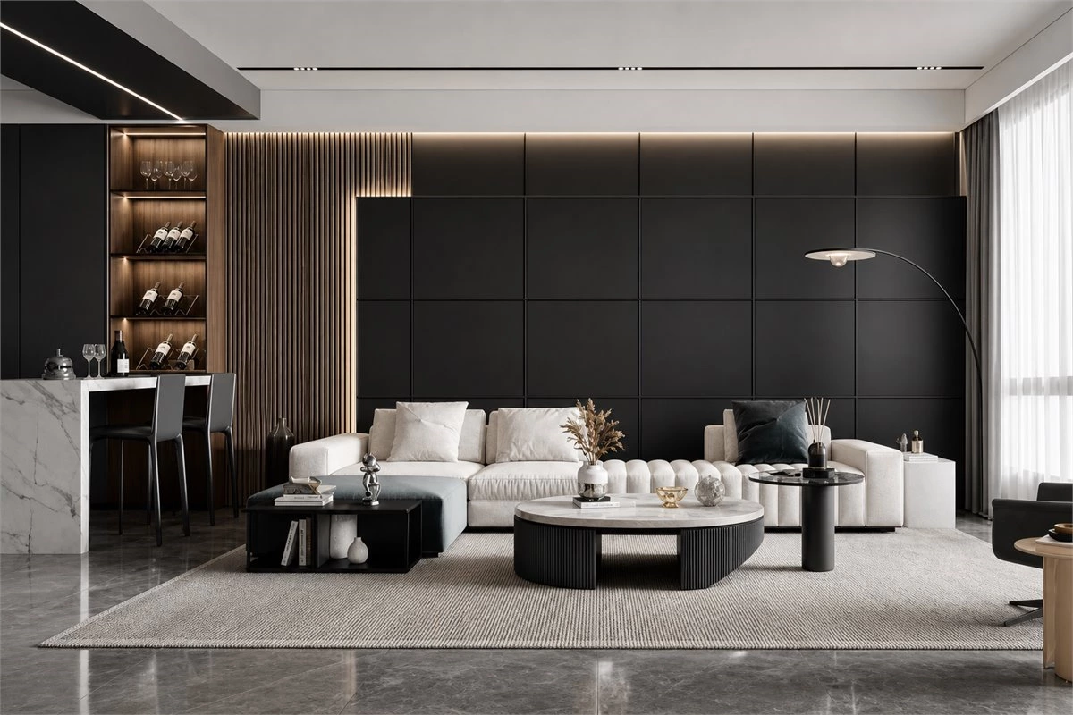 Fluted panel feature wall for a warm modern living room
