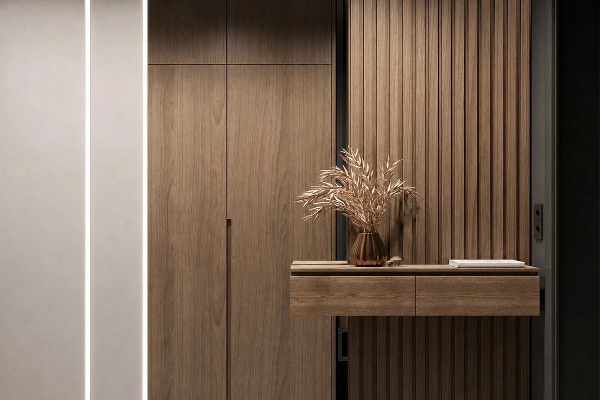 Fluted wood panels creating warm light and shadow