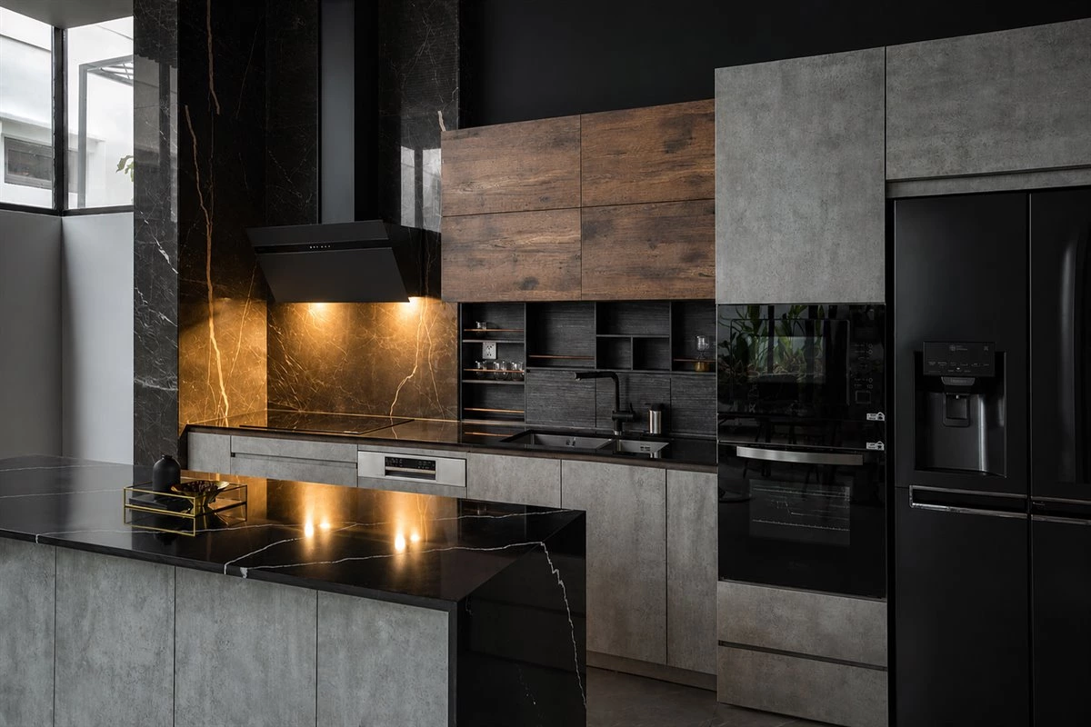 Galley kitchen with wood cabinets stone island and flip-up wall cabinets