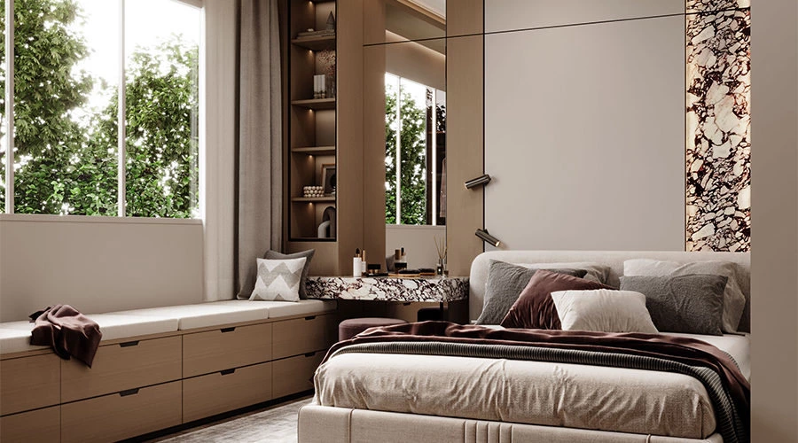 Girls bedroom floating vanity and bay window reading area