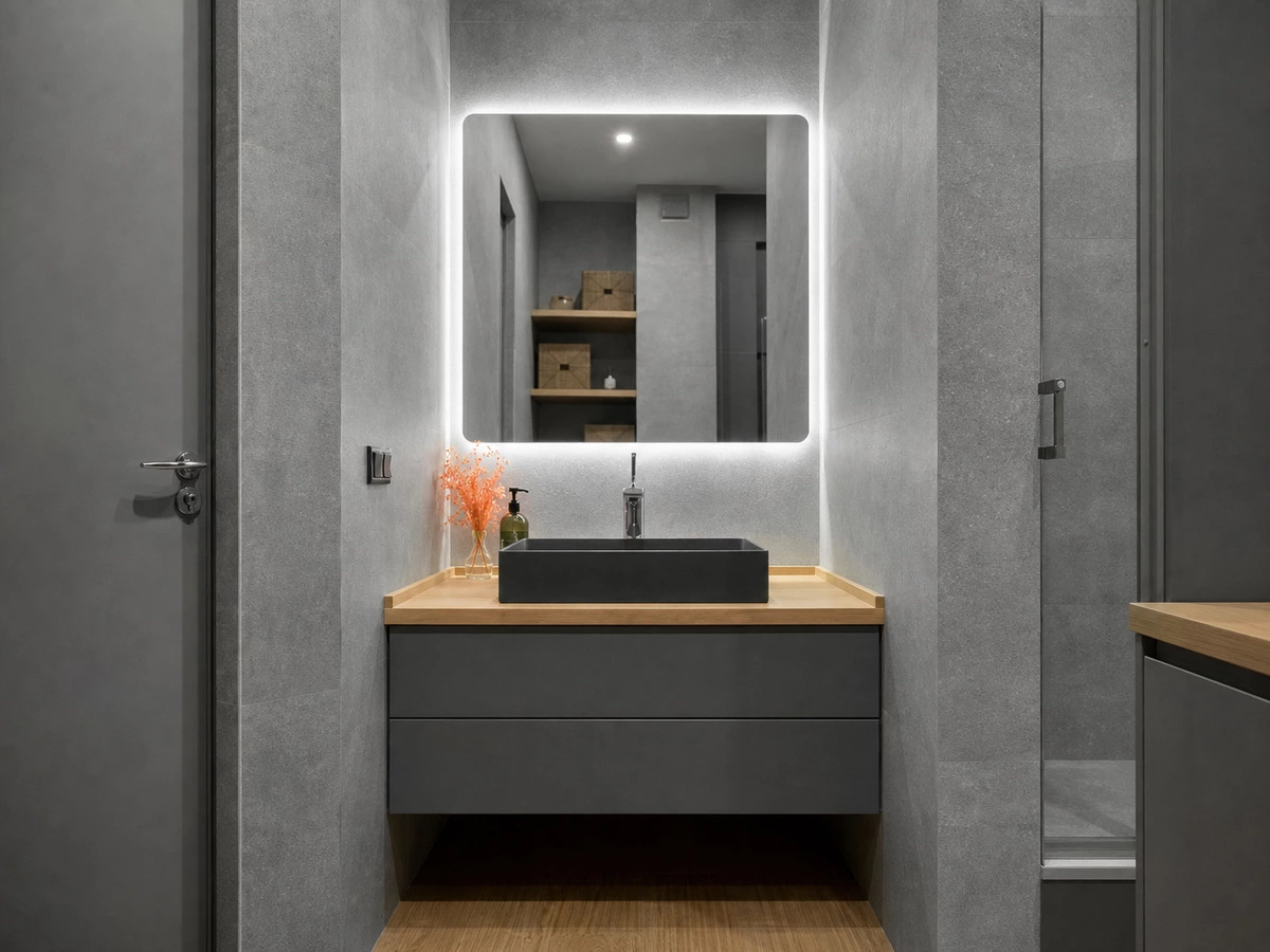 Matte grey bathroom cabinet with a light wood accent