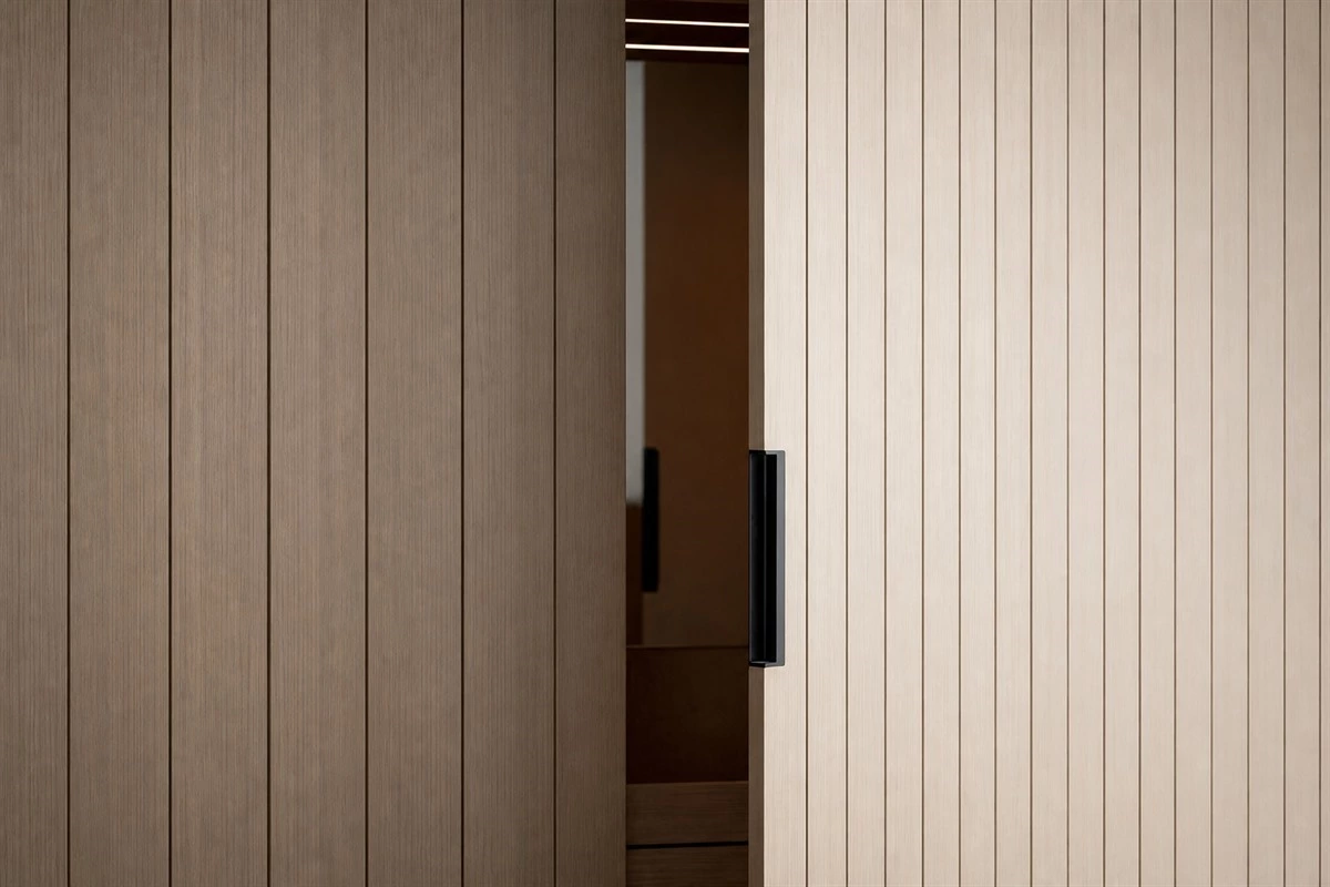 Grooved wood surface detail for cabinet panel stability