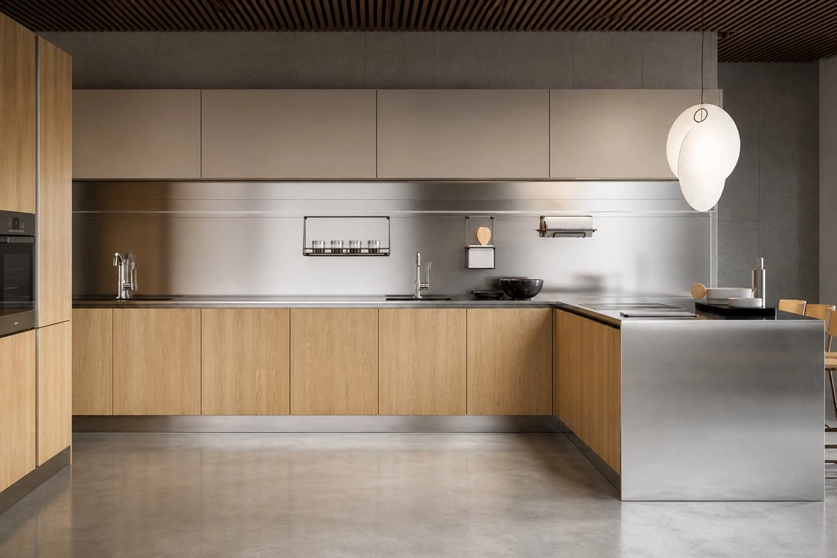 Handleless L-shaped wood and stainless steel kitchen Handleless L-shaped kitchen with wood finish matte lacquer and stainless steel