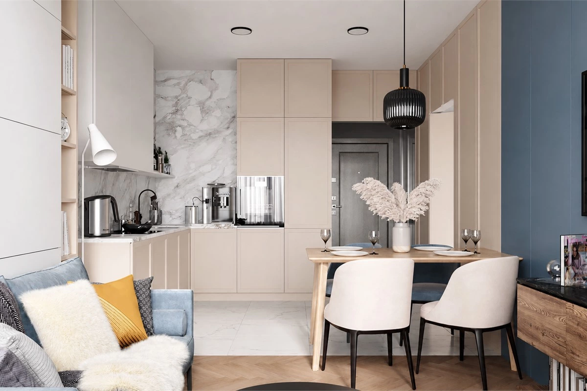 Handleless minimalist kitchen cabinets with geometric lines and integrated storage
