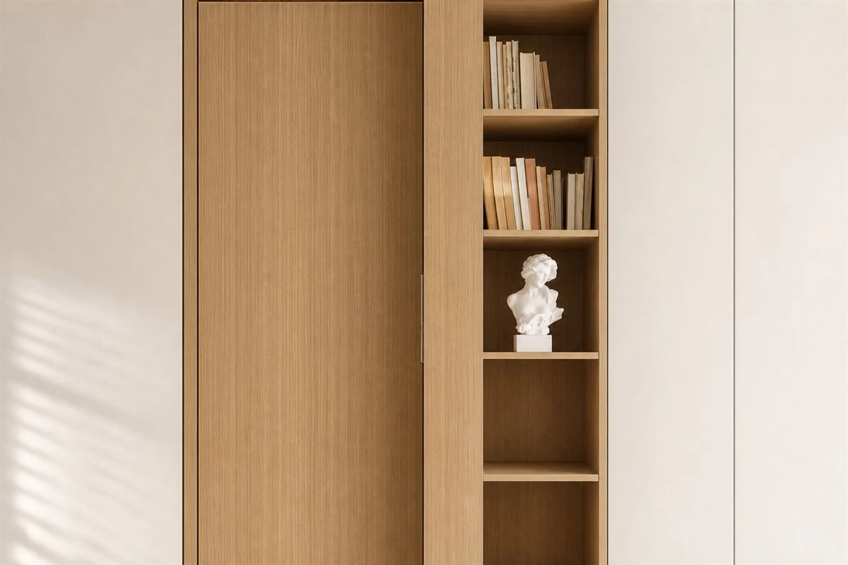 Hidden Door TV Wall Design Hidden door integrated into a TV wall with open shelves