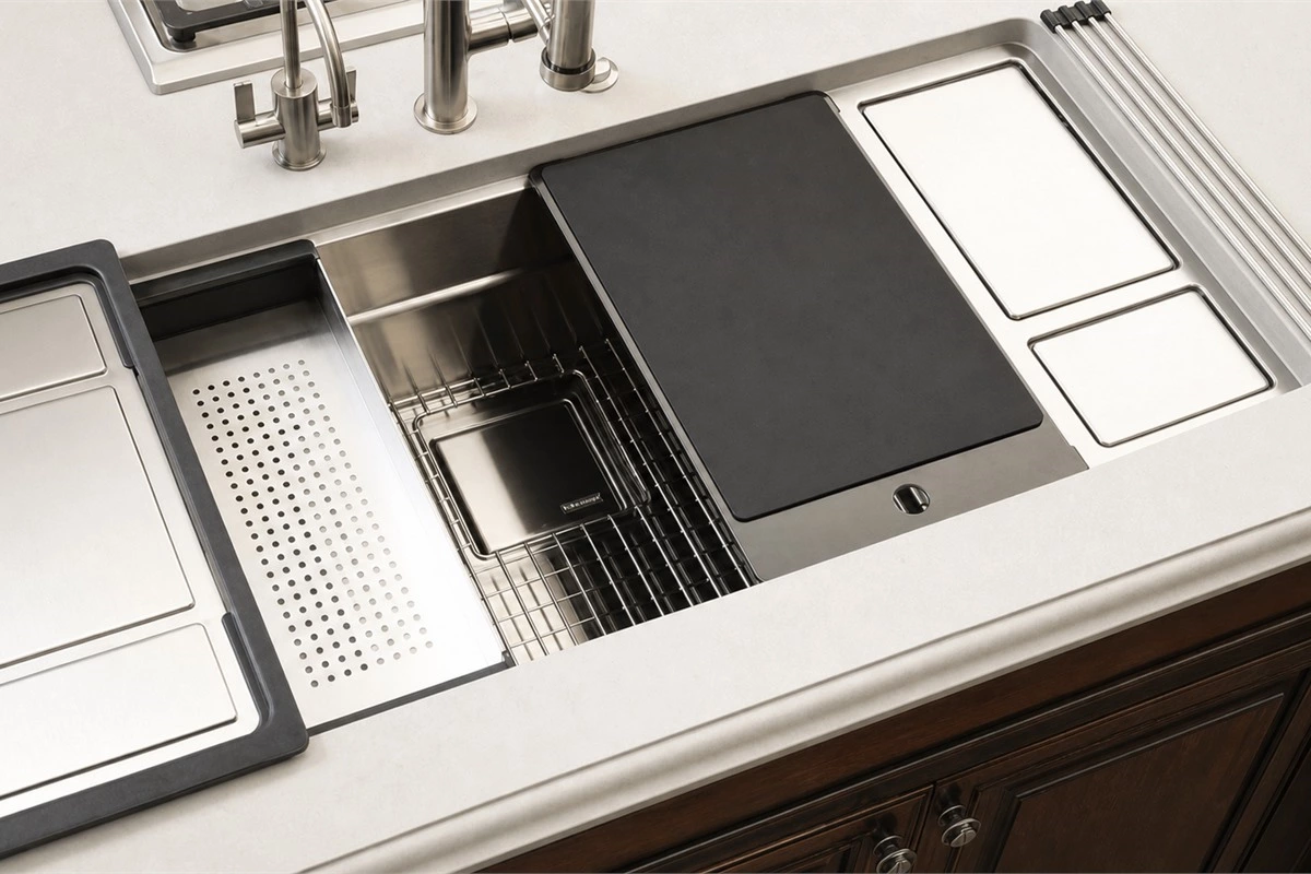 Concealed sink with retractable faucet in a smooth hidden kitchen countertop