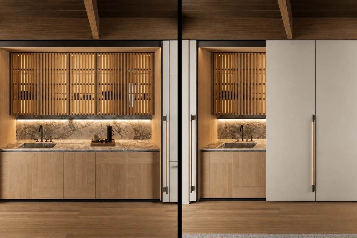 Hidden kitchen storage with pull-out cabinets and integrated appliances