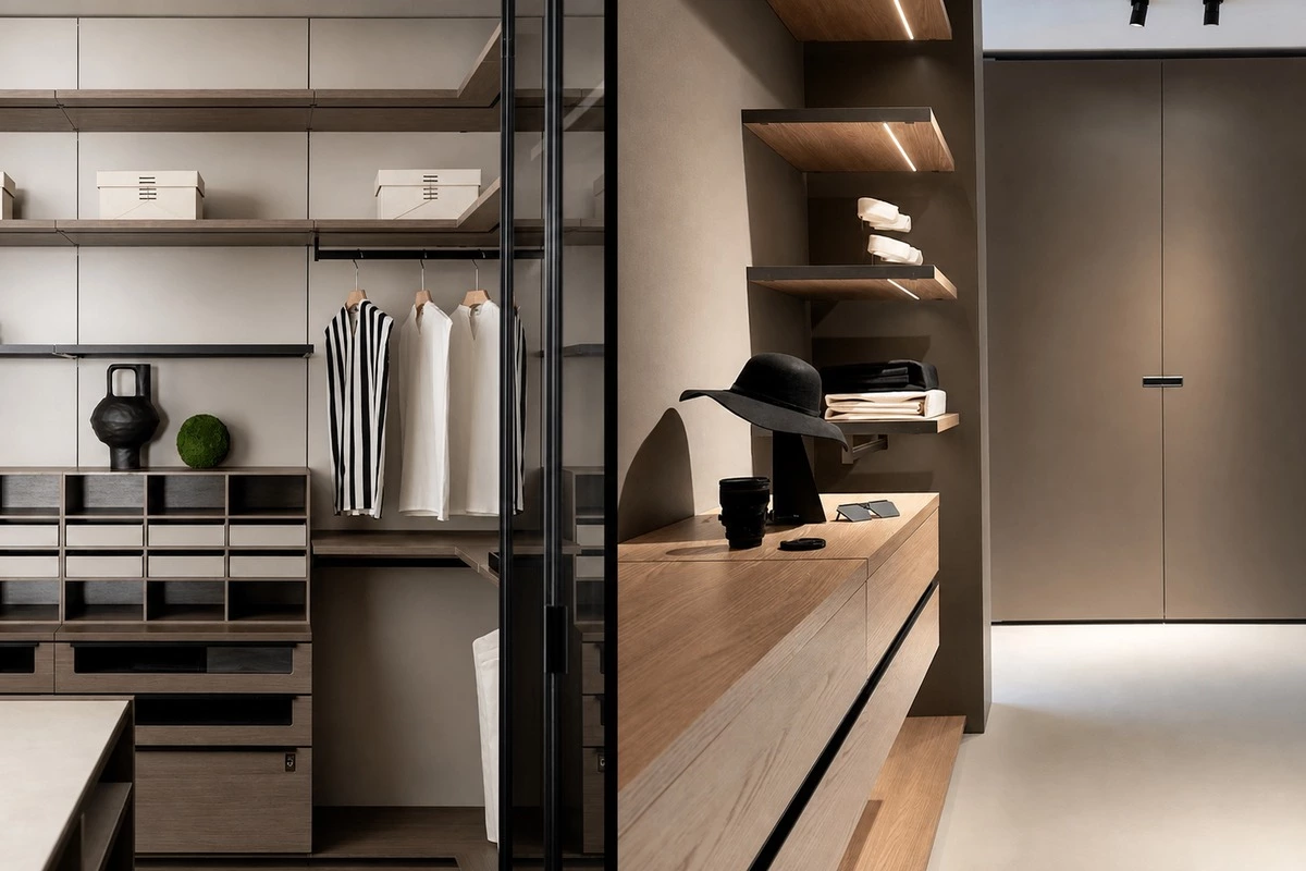 Wall-mounted floating shelves integrated with high-end cabinets