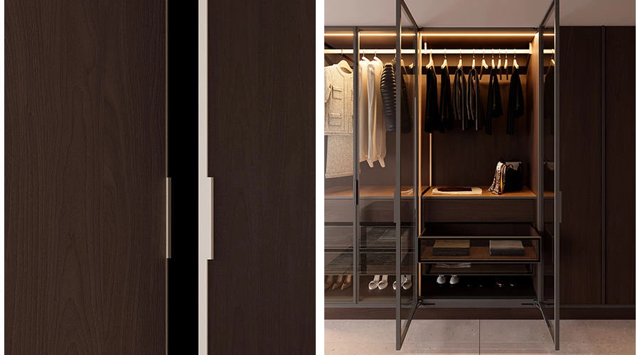 Premium wardrobe storage detail with LED lighting and glass doors