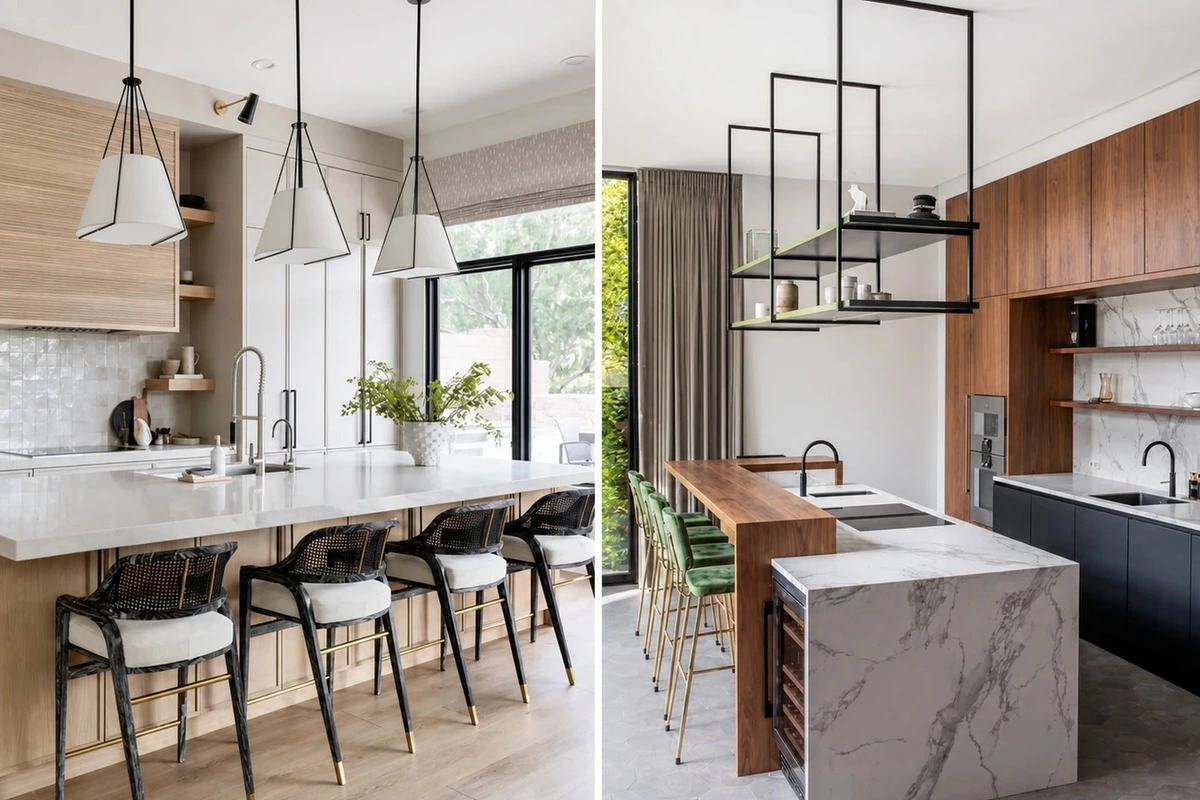 High-low kitchen island design that separates prep space from bar seating