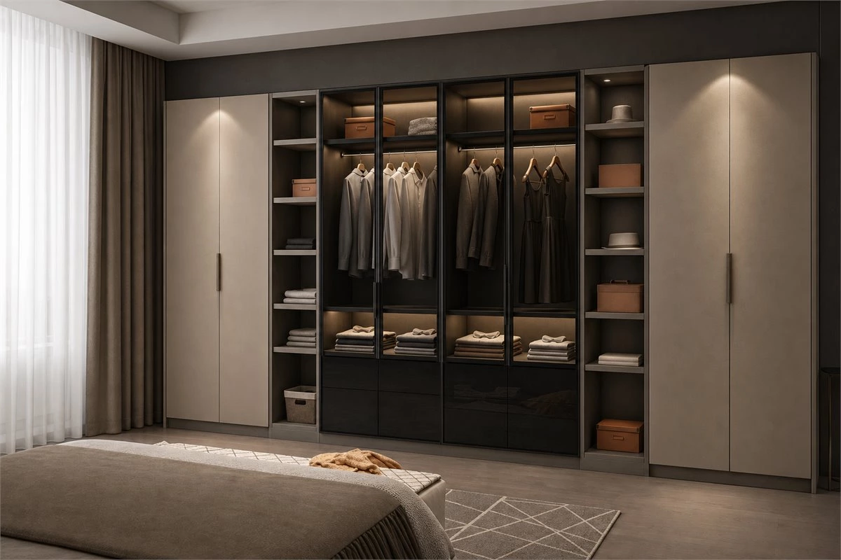 I-shaped walk-in closet with linear built-in wardrobe cabinets