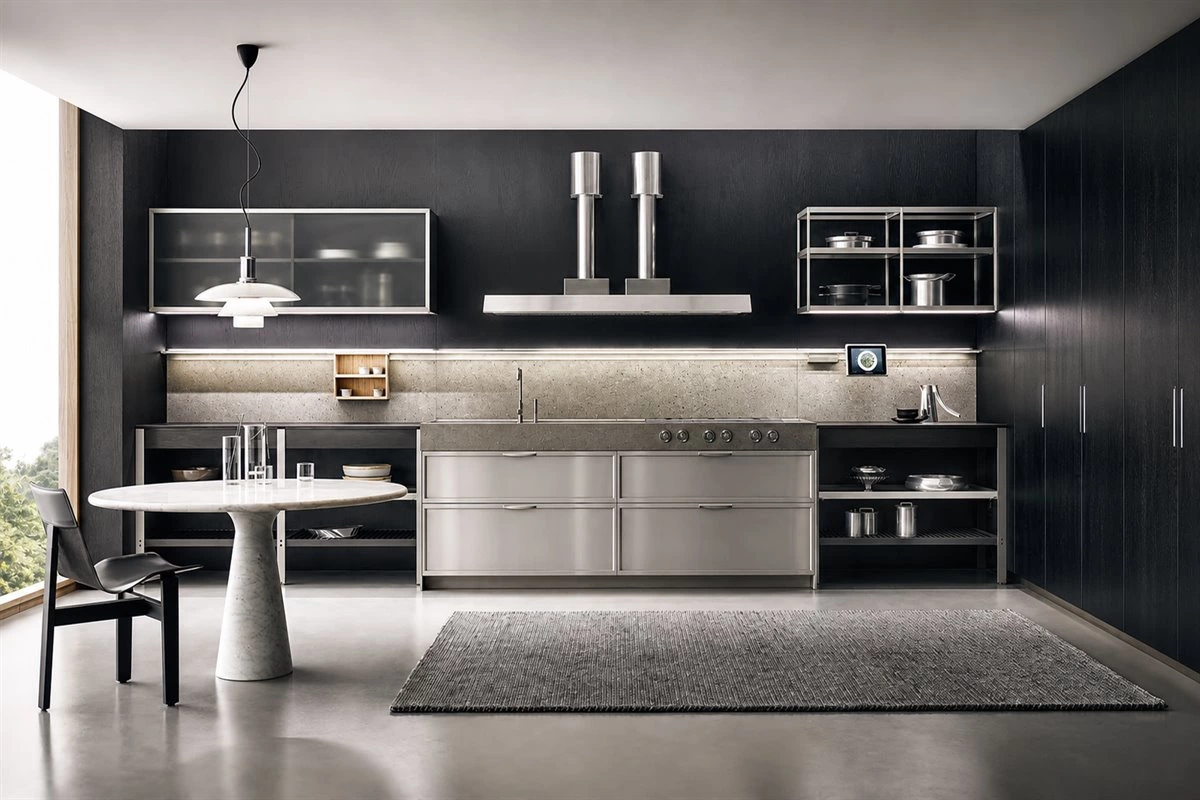 Industrial Stainless Steel Kitchen Bar Storage Industrial stainless steel kitchen with bar counter and organized open storage