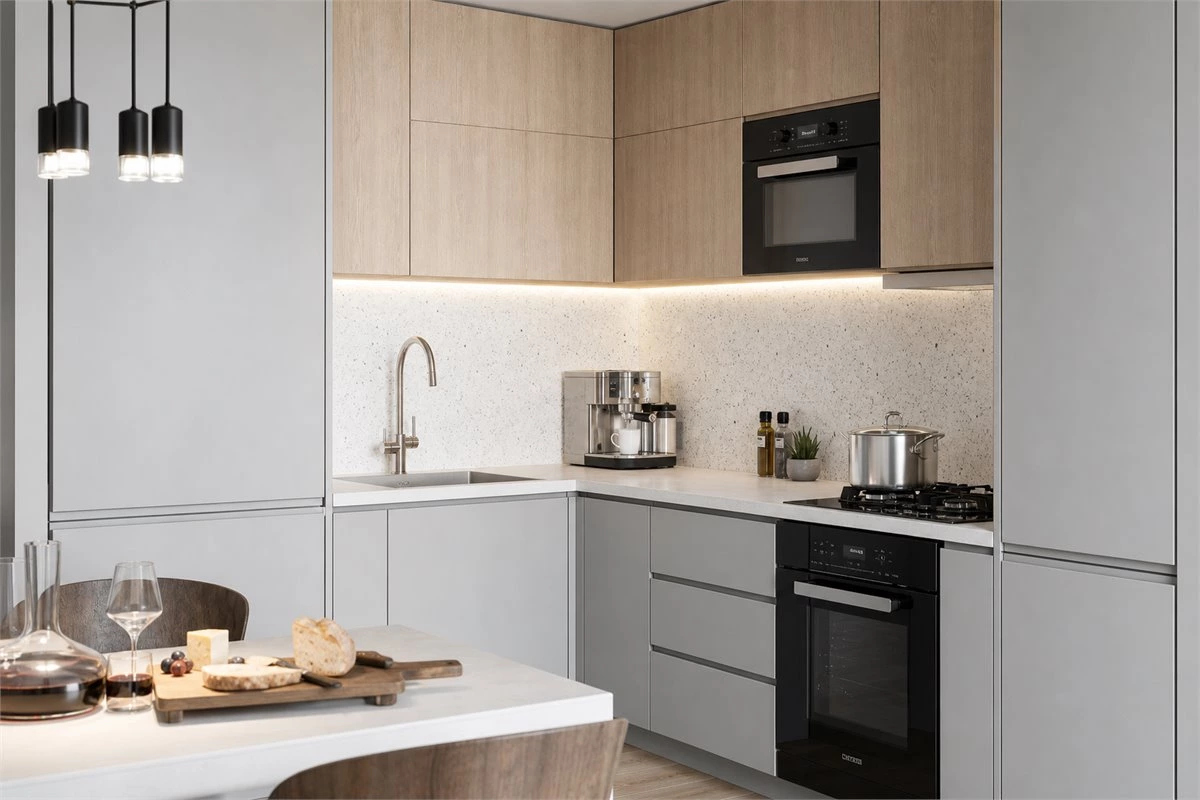 Integrated appliance kitchen cabinet storage with concealed refrigerator and oven