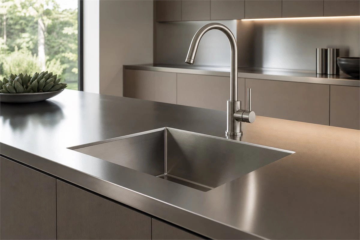 Integrated stainless steel sink and countertop on a modern kitchen island
