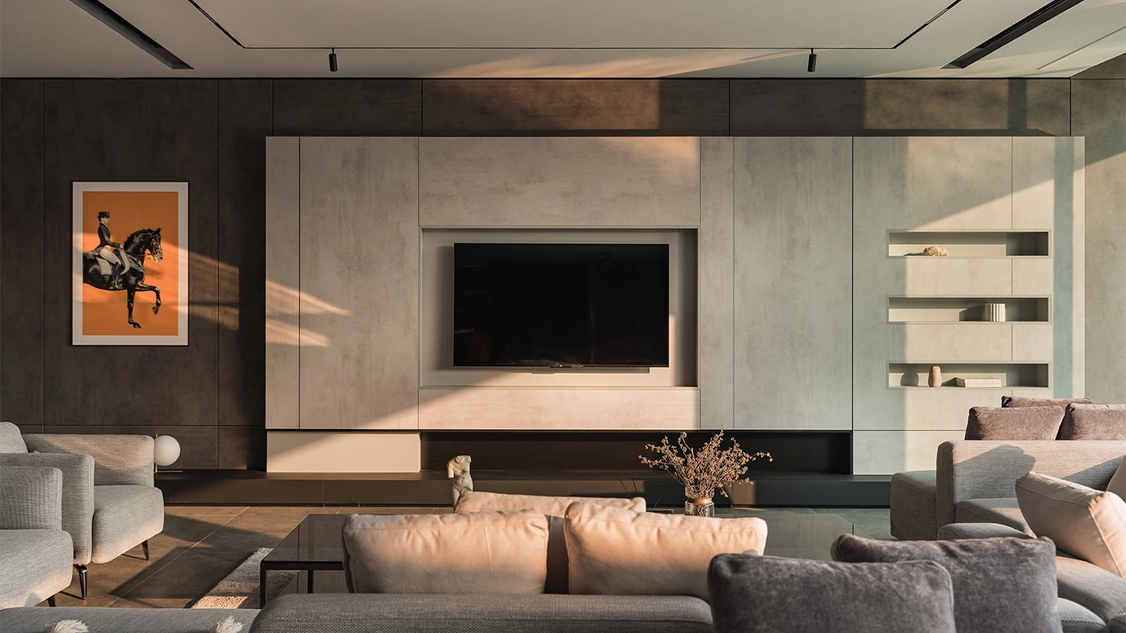 Integrated TV wall with stone panel and full-height dark grey cabinetry