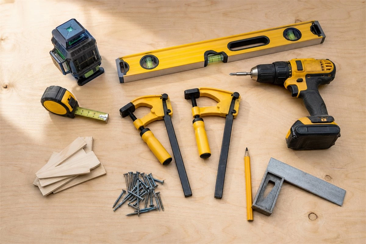Kitchen cabinet installation tools including level tape measure drill clamps shims and cabinet screws