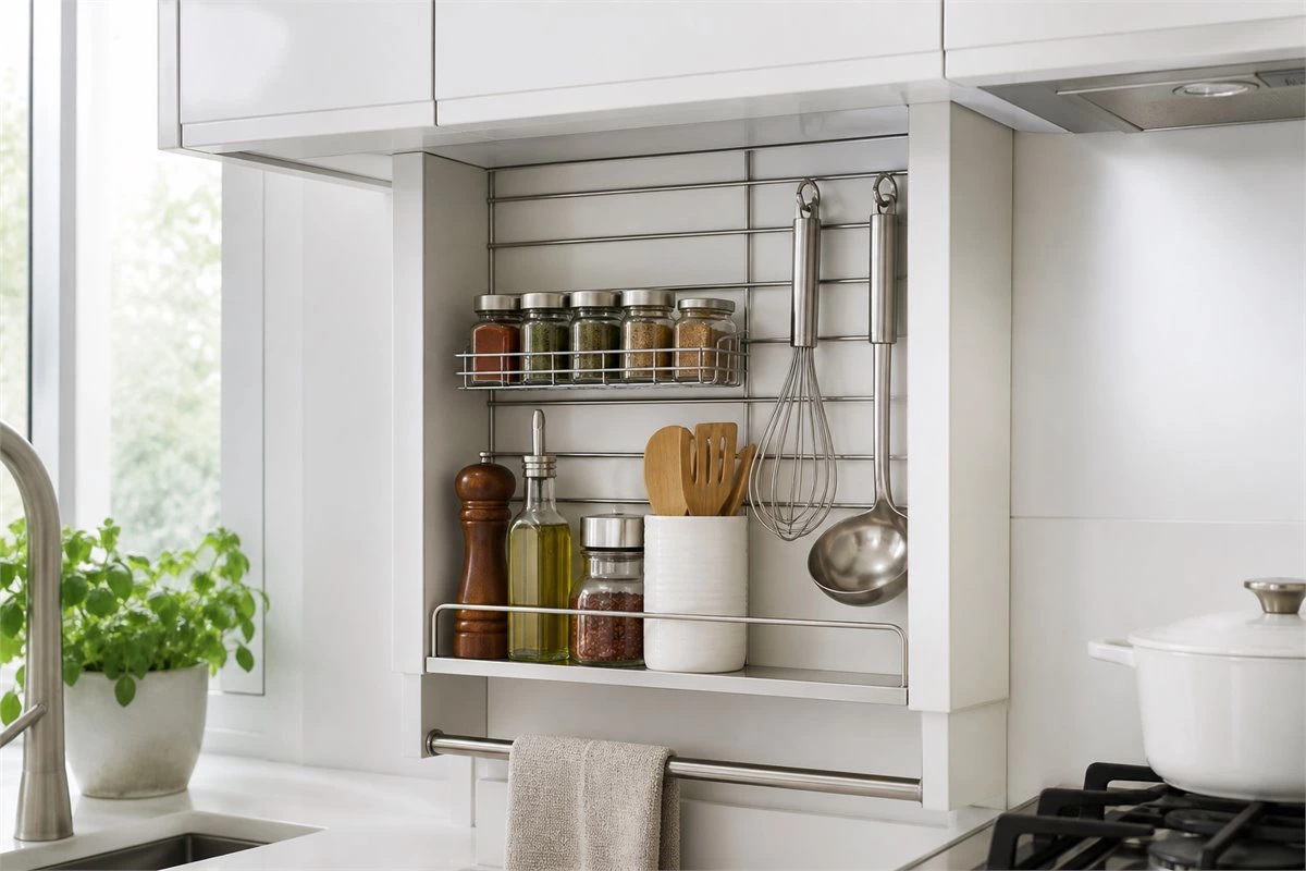 Organized kitchen spice storage with accessible condiment shelves