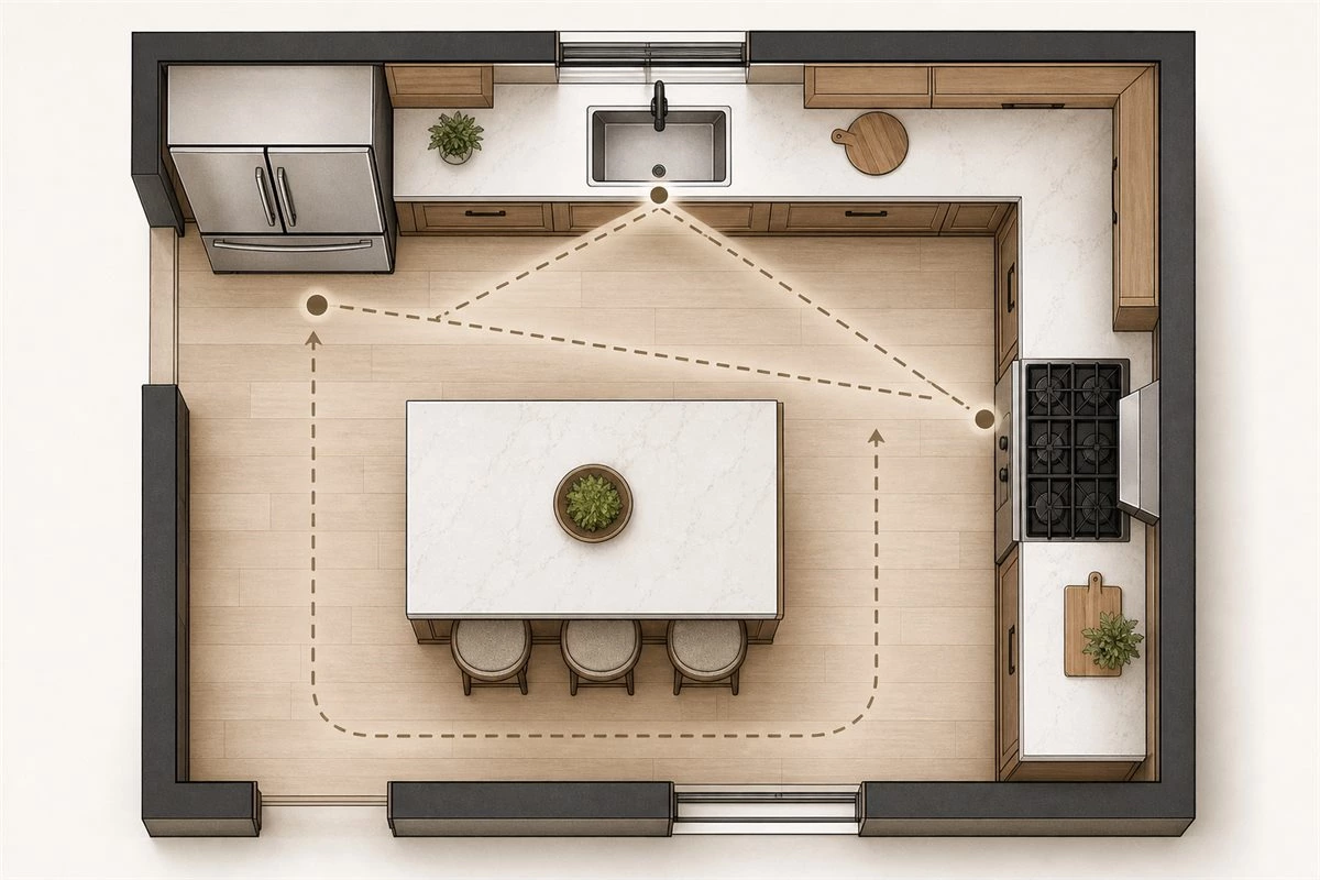 Kitchen work triangle dimensions shown on a clean floor plan